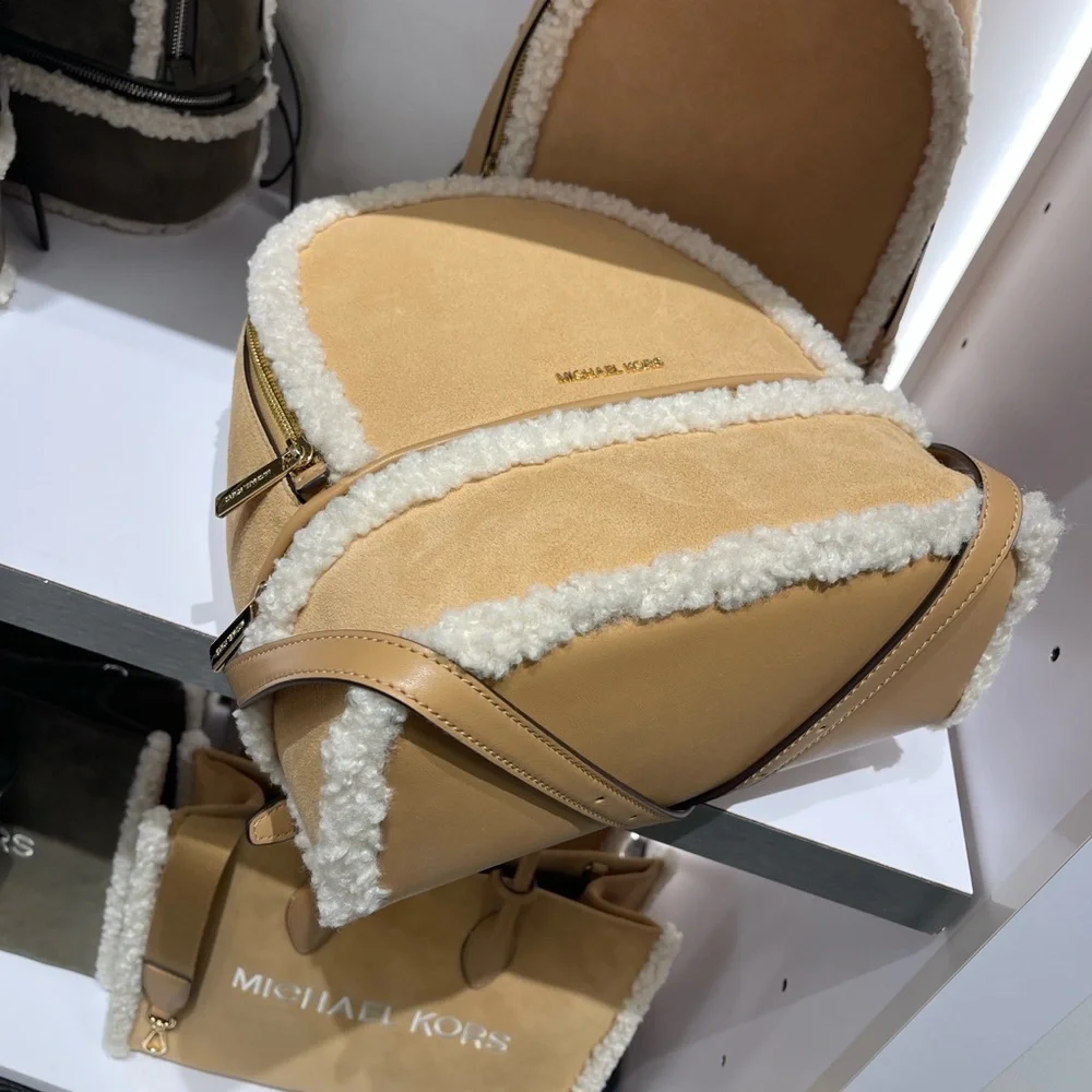 MICHAEL KORS Rhea Medium Suede and Faux Shearling Backpack Peanut  NWT